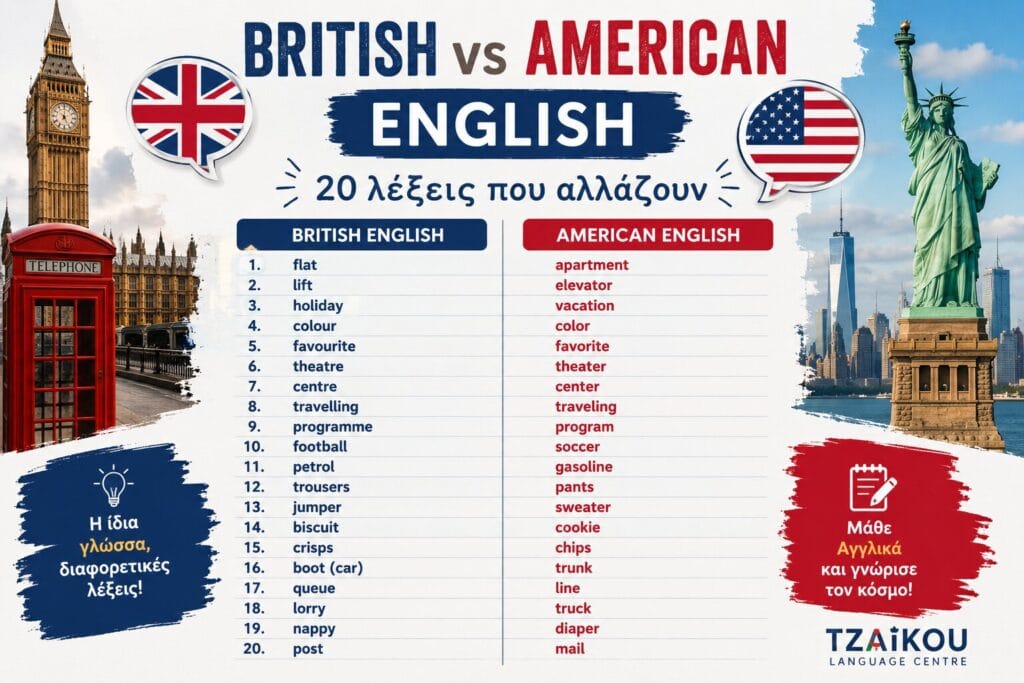 British vs American English με 20 λέξεις που διαφέρουν στη βρετανική και αμερικανική αγγλική γλώσσα