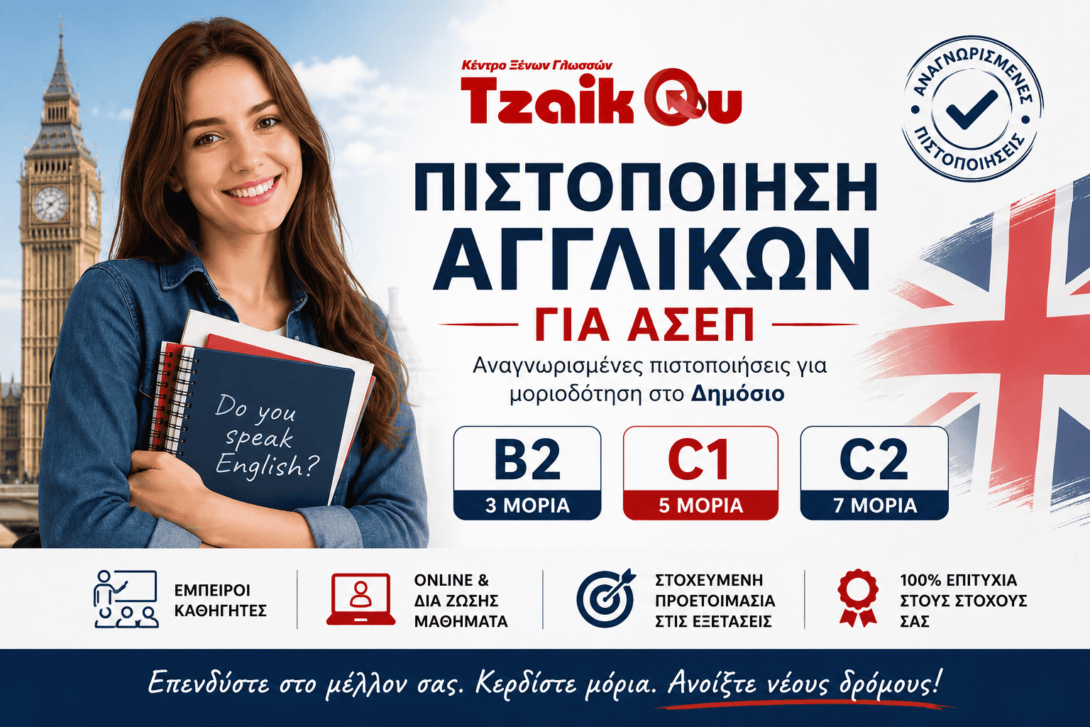 Πιστοποίηση Αγγλικών για ΑΣΕΠ από το Tzaikou Language Centre. Προετοιμασία για αναγνωρισμένες πιστοποιήσεις Αγγλικών επιπέδων Β2, C1 και C2 για μοριοδότηση στο ΑΣΕΠ.