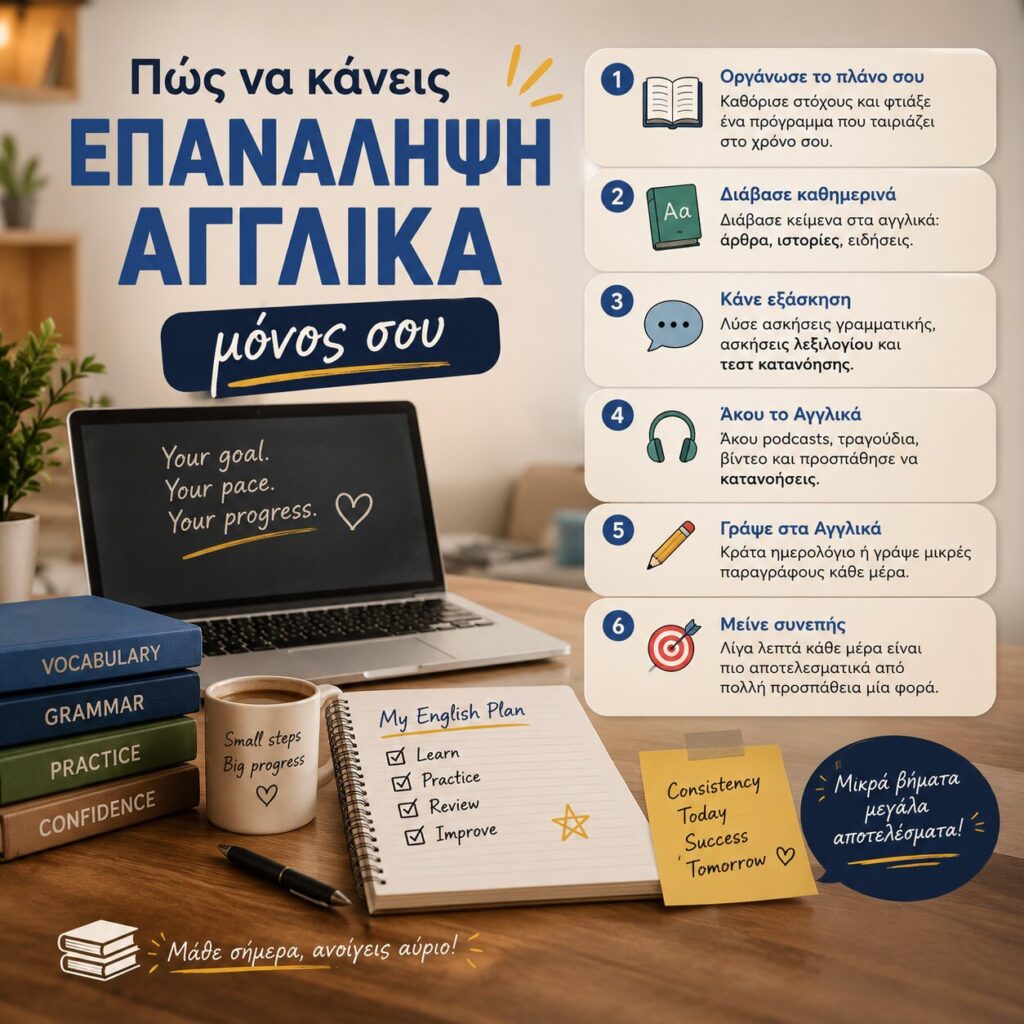Συμβουλές για το πώς να κάνεις επανάληψη στα Αγγλικά μόνος σου με πρόγραμμα μελέτης και πρακτικές τεχνικές.