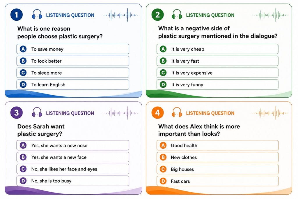 A1: A1 English listening practice about plastic surgery with multiple choice questions