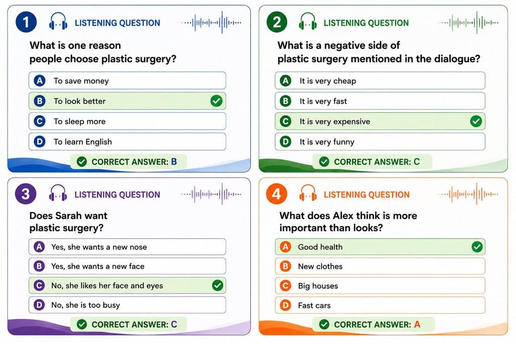 A1: A1 English listening practice about plastic surgery with multiple choice questions and answers