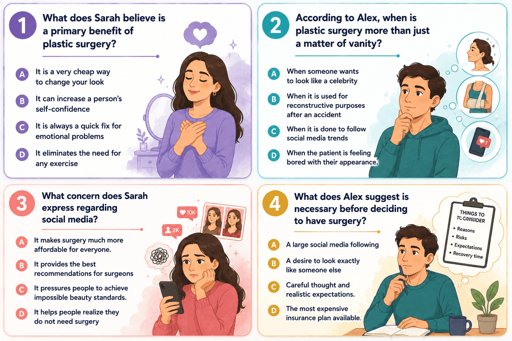 B2: B2 English listening practice about plastic surgery with multiple choice questions