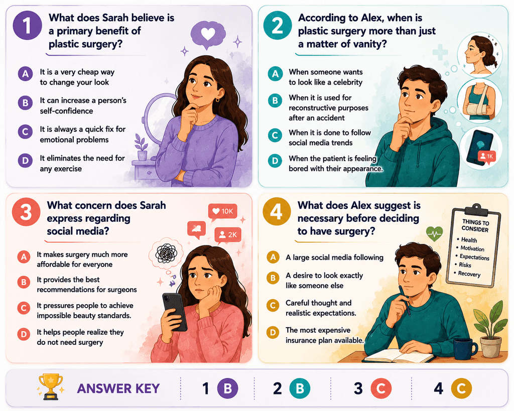 B2: B2 English listening practice about plastic surgery with multiple choice questions and answers
