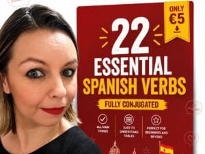 22 Essential Spanish Verbs PDF με 22 βασικά ισπανικά ρήματα, πλήρη κλίση και τιμή €5, με την καθηγήτρια Ελένη Τζάικου και το λογότυπο Tzaikou