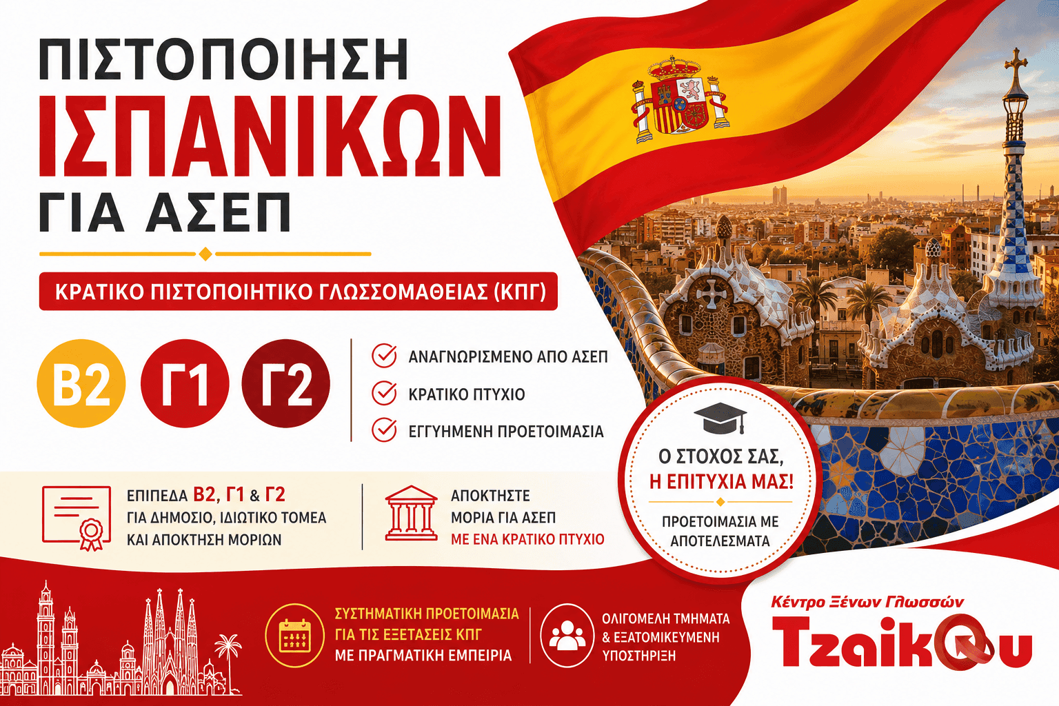 Πιστοποίηση Ισπανικών για ΑΣΕΠ μέσω του Κρατικού Πιστοποιητικού Γλωσσομάθειας (ΚΠΓ) επιπέδων Β2 και Γ1 στο Tzaikou Language Centre.