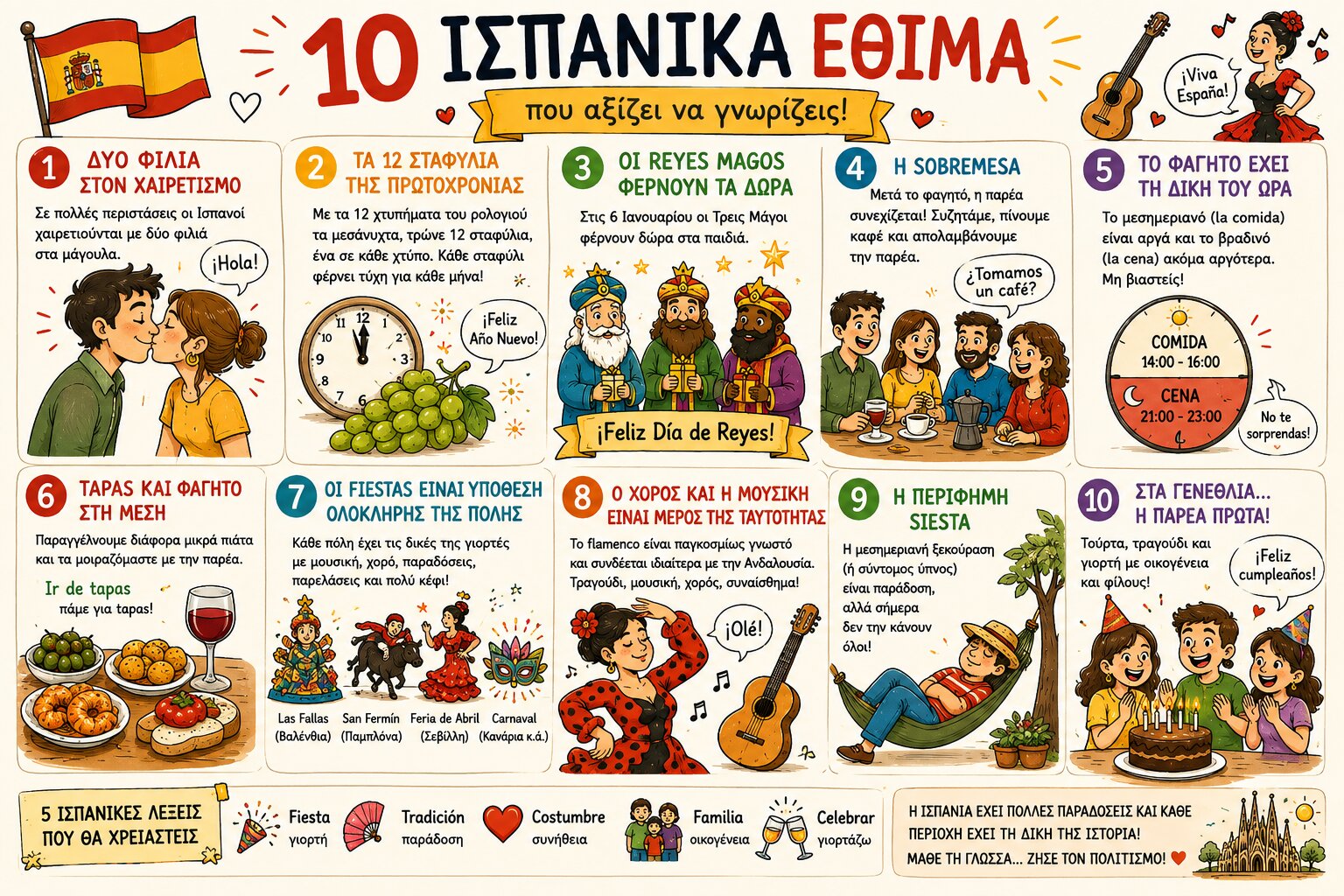 10 ισπανικά έθιμα και παραδόσεις σε cartoon εικονογράφηση