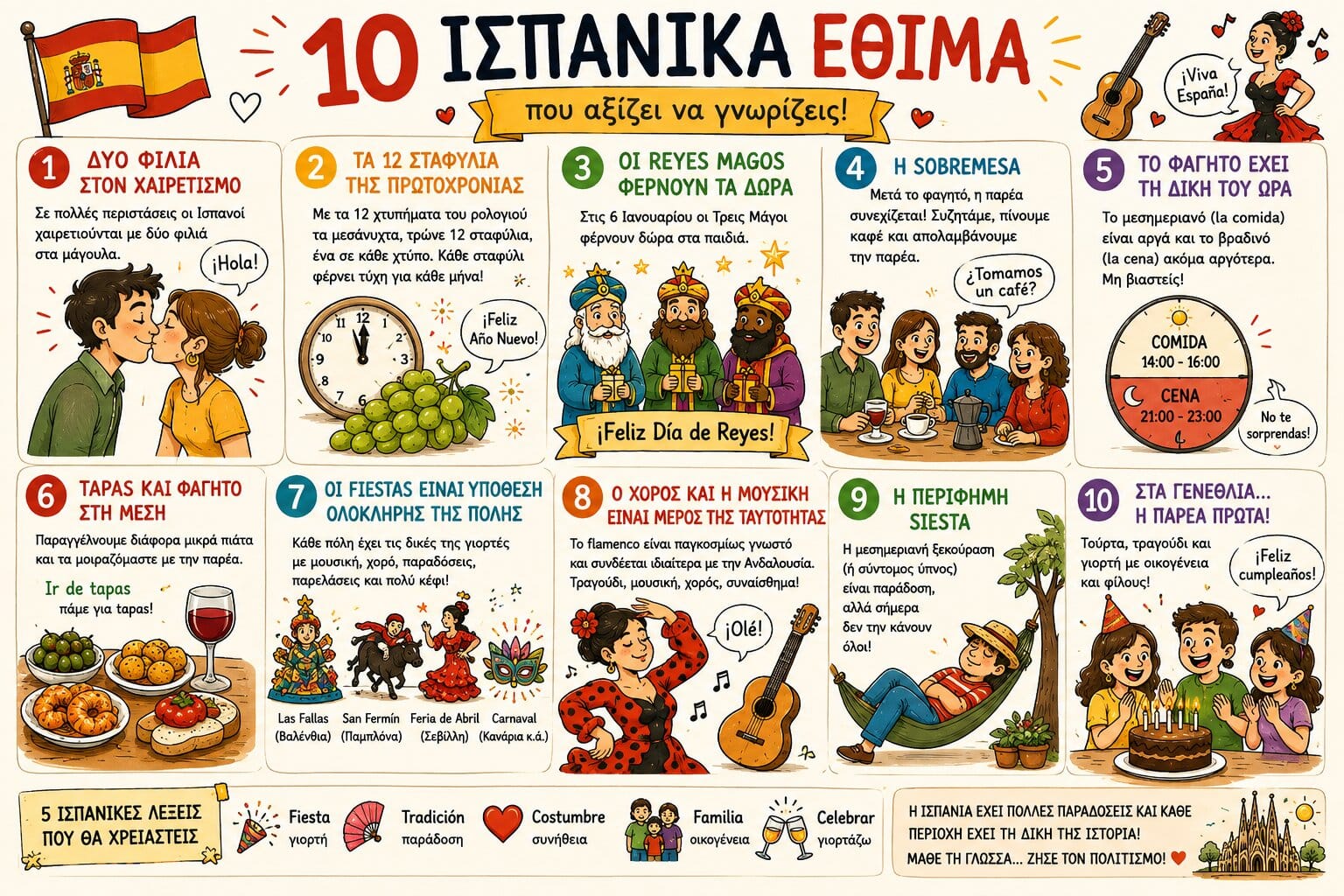 10 ισπανικά έθιμα και παραδόσεις σε cartoon εικονογράφηση