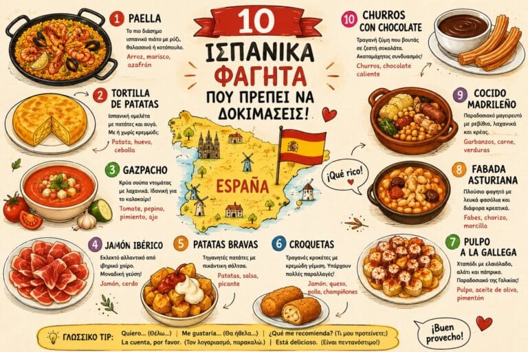 10 παραδοσιακά ισπανικά φαγητά όπως paella, tortilla και churros