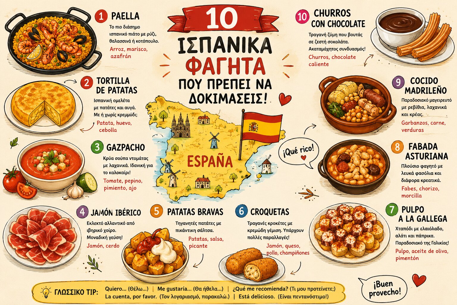 10 παραδοσιακά ισπανικά φαγητά όπως paella, tortilla και churros