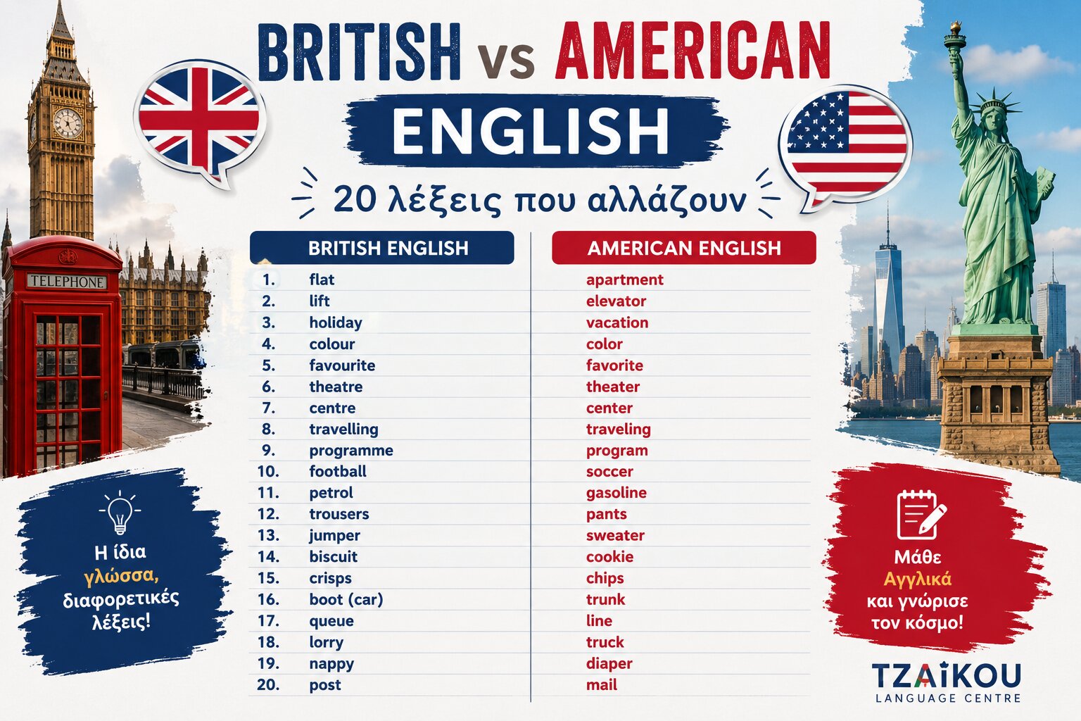 British vs American English με 20 λέξεις που διαφέρουν στη βρετανική και αμερικανική αγγλική γλώσσα