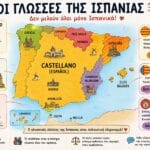 Χάρτης της Ισπανίας με τις γλώσσες Ισπανικά Καταλανικά Βασκικά και Γαλικιανά