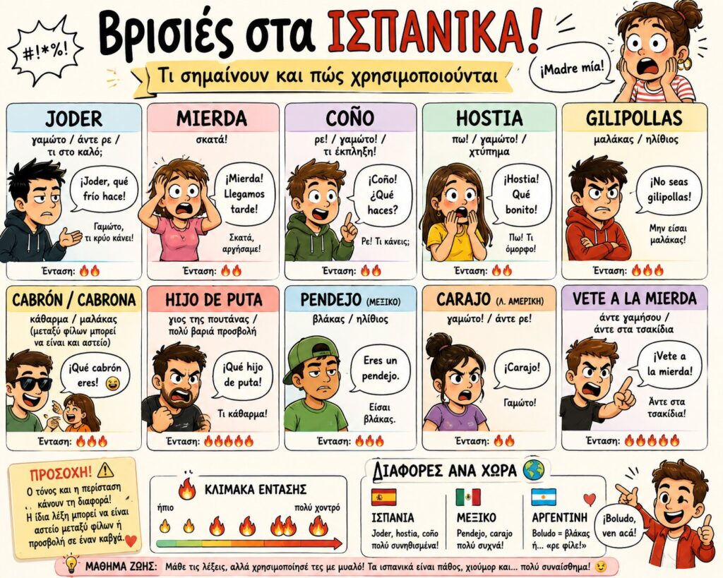 Βρισιές στα Ισπανικά και η σημασία τους σε cartoon infographic