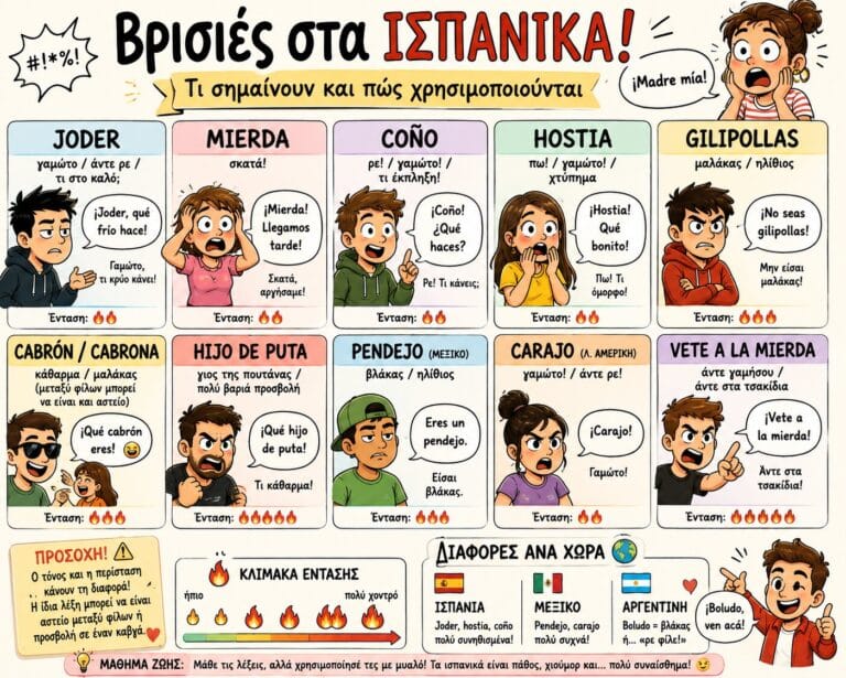 Βρισιές στα Ισπανικά και η σημασία τους σε cartoon infographic