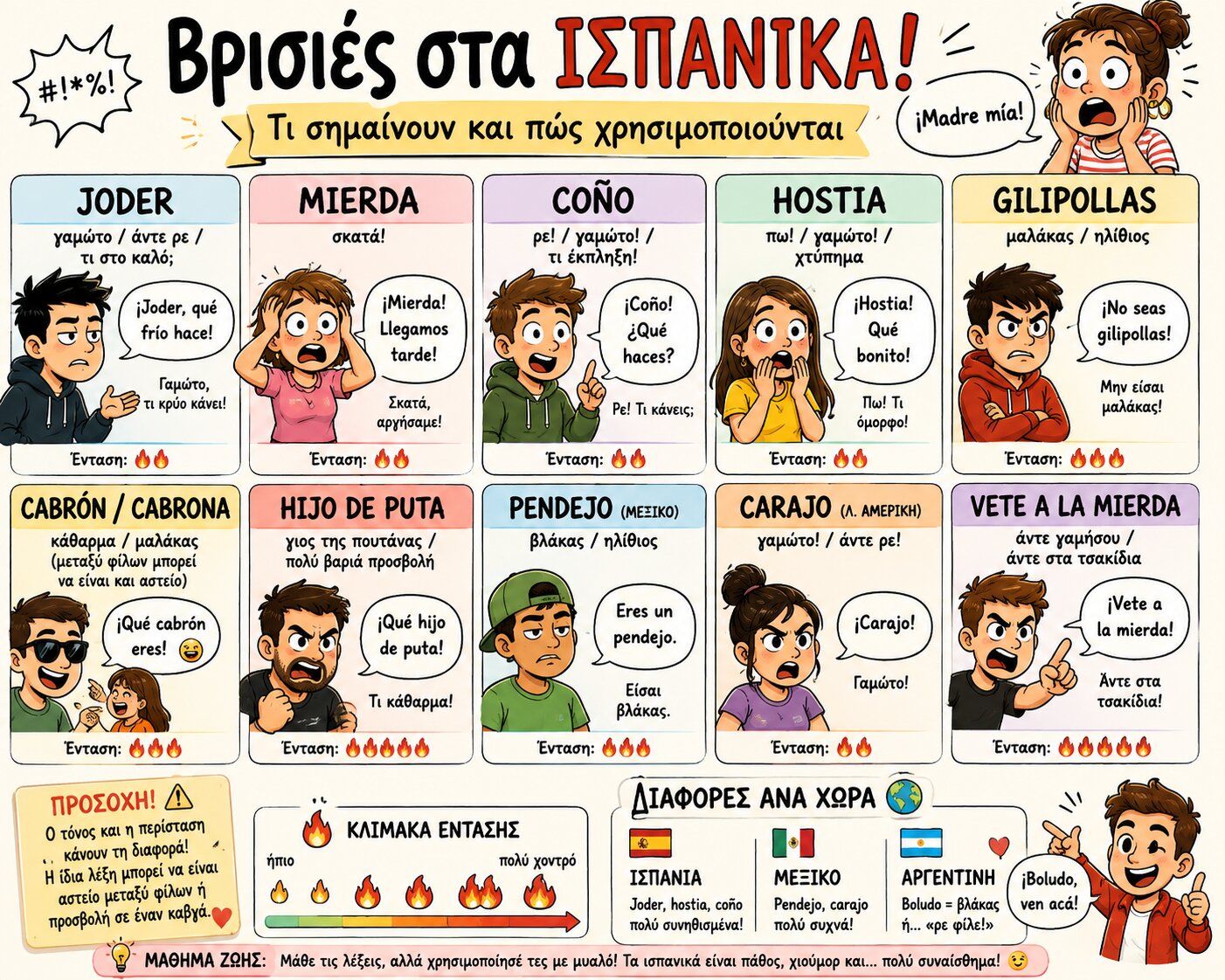 Βρισιές στα Ισπανικά και η σημασία τους σε cartoon infographic