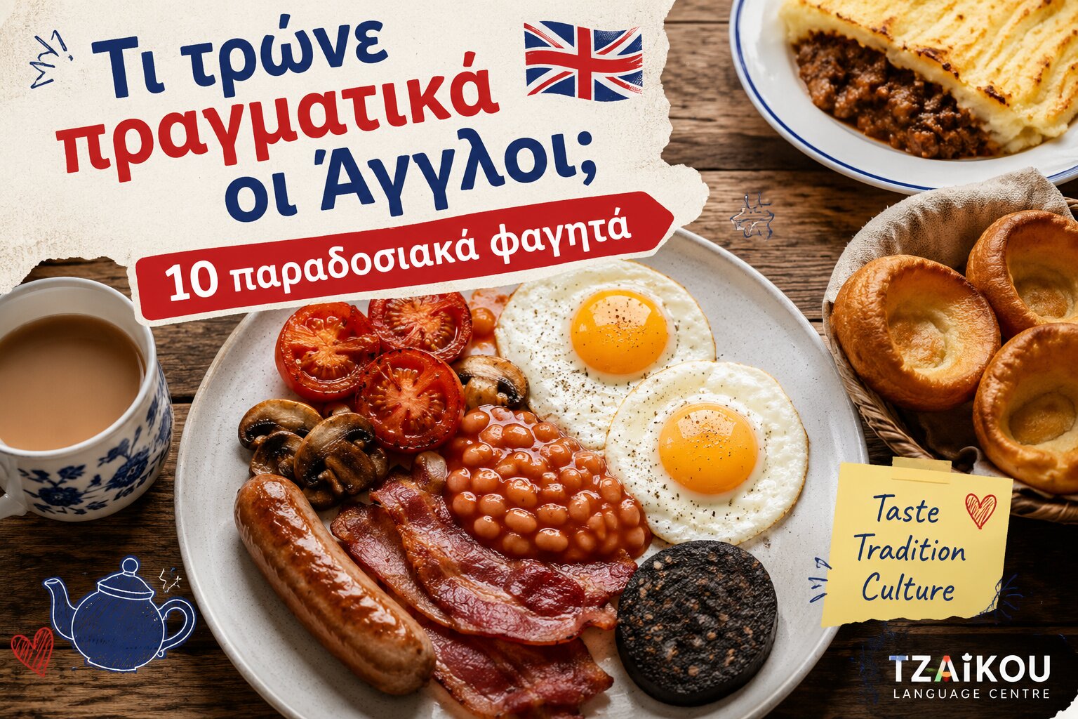 Παραδοσιακά αγγλικά φαγητά όπως Full English Breakfast, Yorkshire pudding και Shepherd’s pie