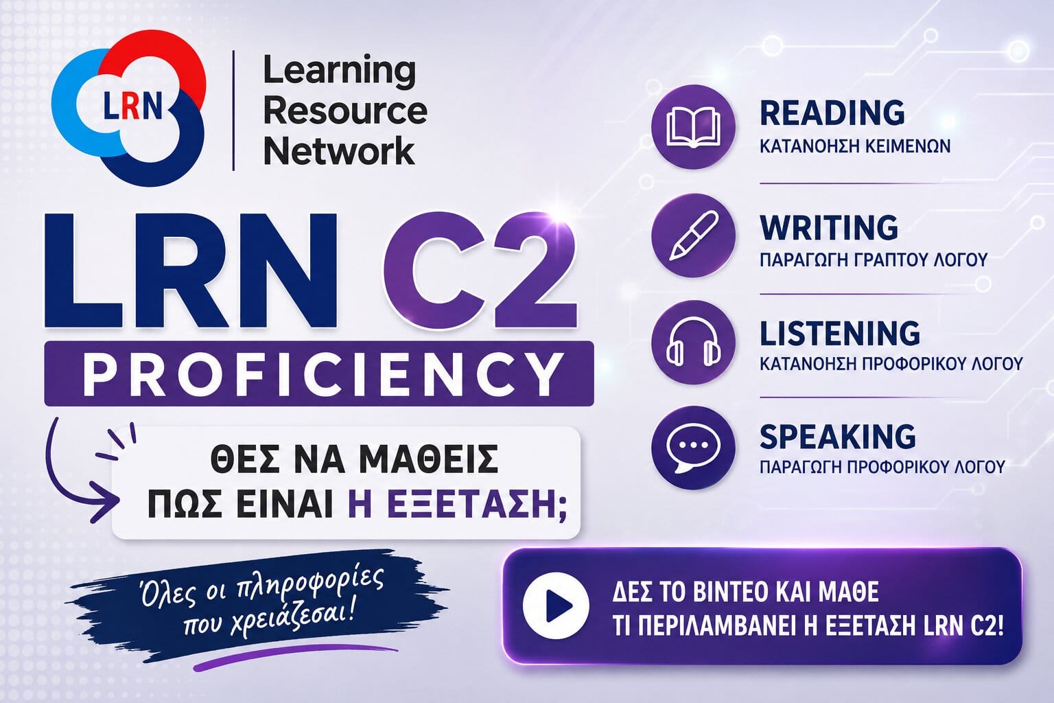 LRN C2 Proficiency εξετάσεις και τα μέρη της εξέτασης Reading Writing Listening Speaking