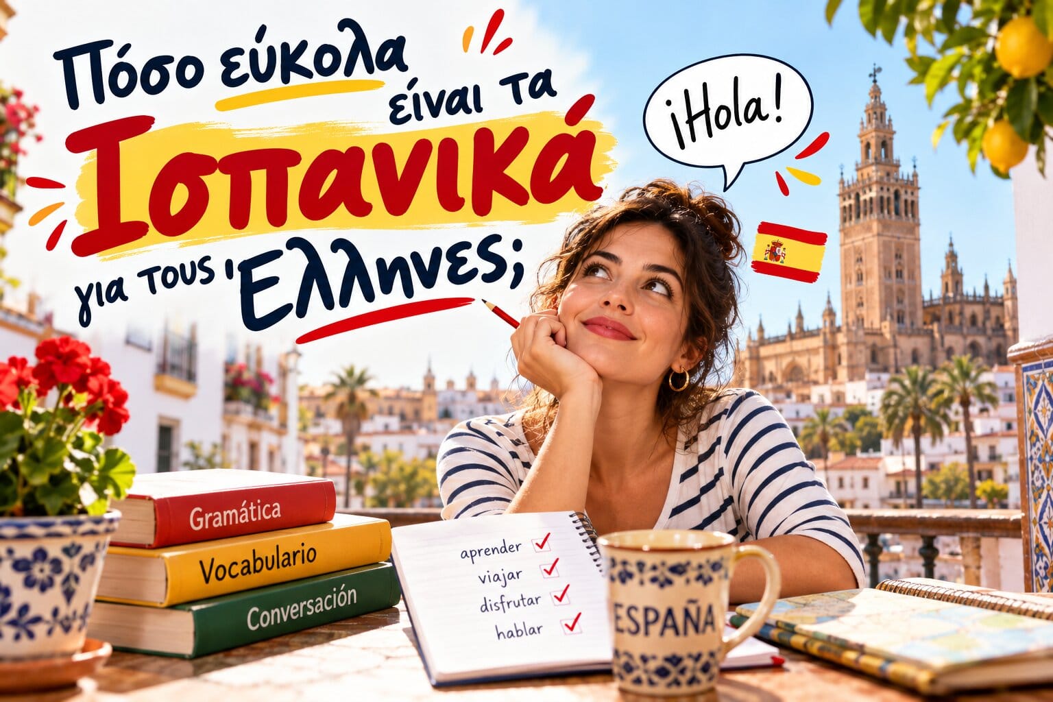 Πόσο εύκολα είναι τα ισπανικά για τους Έλληνες; Γυναίκα με βιβλία ισπανικών σε φωτεινό μεσογειακό σκηνικό της Ισπανίας. 🇪🇸