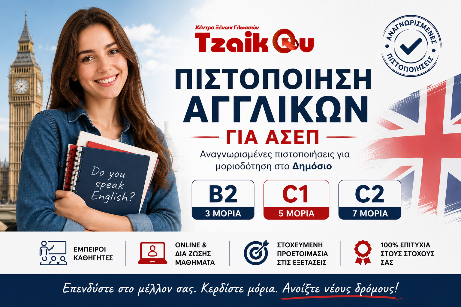Πιστοποίηση Αγγλικών για ΑΣΕΠ από το Tzaikou Language Centre. Προετοιμασία για αναγνωρισμένες πιστοποιήσεις Αγγλικών επιπέδων Β2, C1 και C2 για μοριοδότηση στο ΑΣΕΠ.