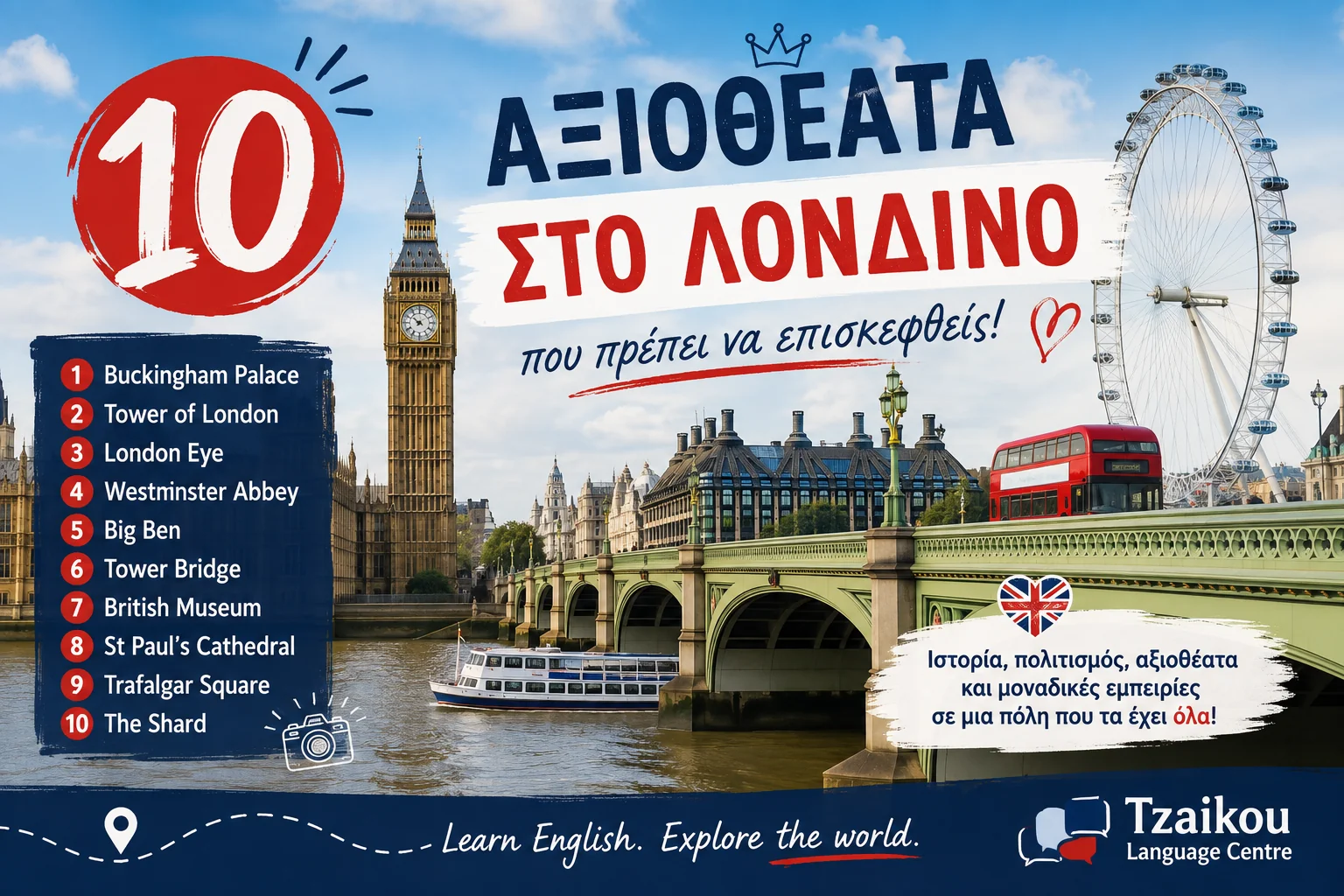 10 αξιοθέατα στο Λονδίνο όπως Big Ben, London Eye, Tower Bridge και Buckingham Palace